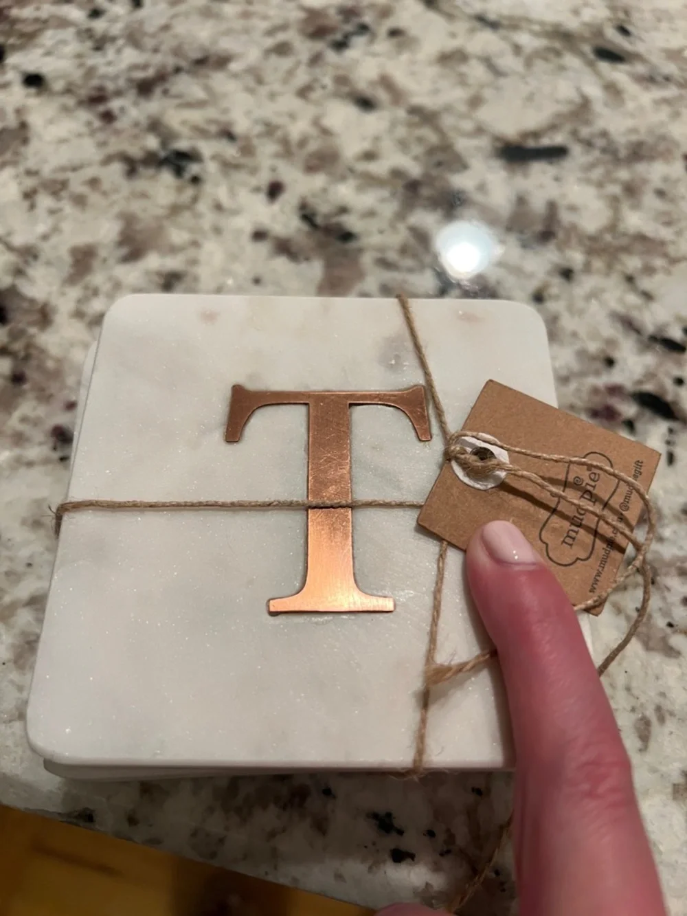 Mud Pie White Marble Coaster Set with Copper Monogram T Accent